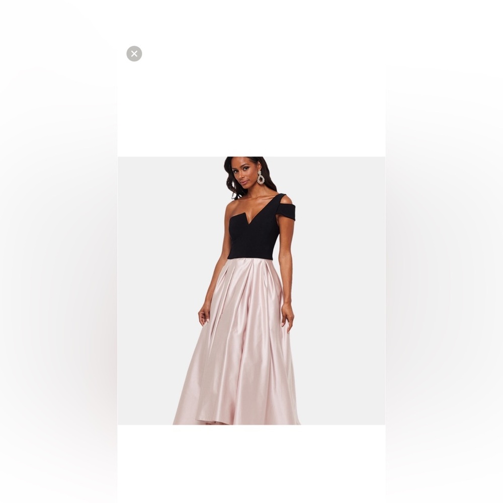 Betsy & Adam Satin Asymetrical hi low ball gown-